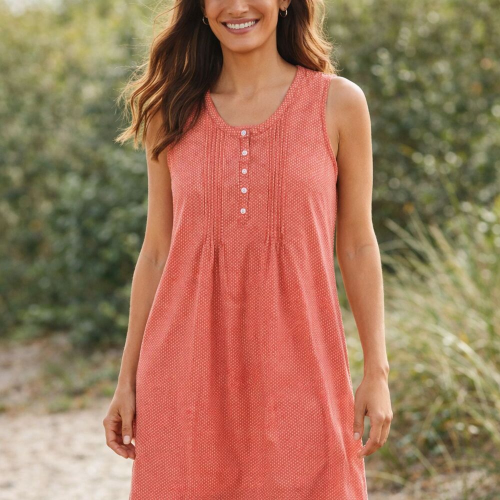 LL Bean Sleeveless Pintuck Sun Dress Womens Sz XS Salmon Polka Dot Cotton Beachy